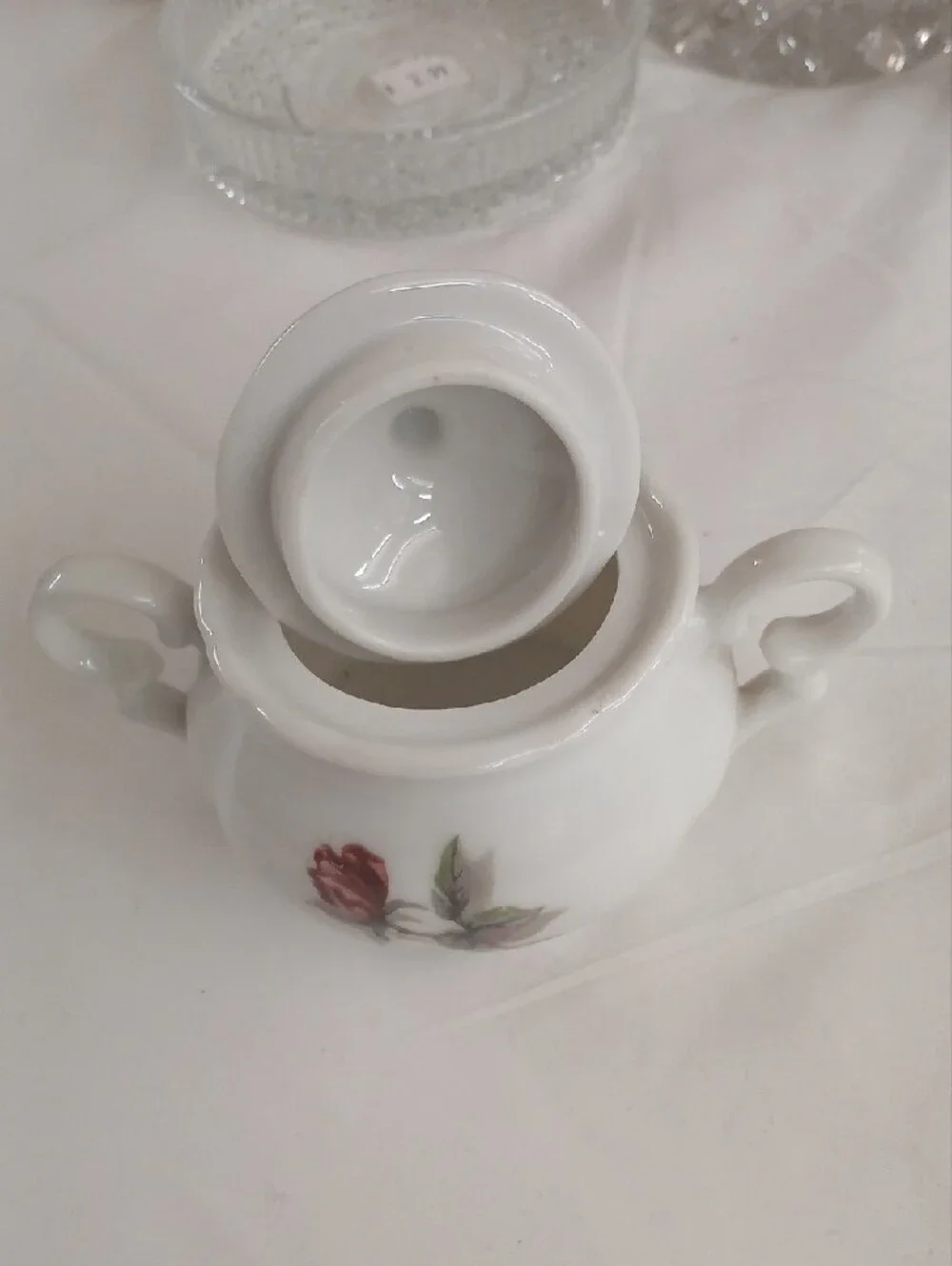 Classic White Porcelain Sugar Bowl with Red Rose Motif